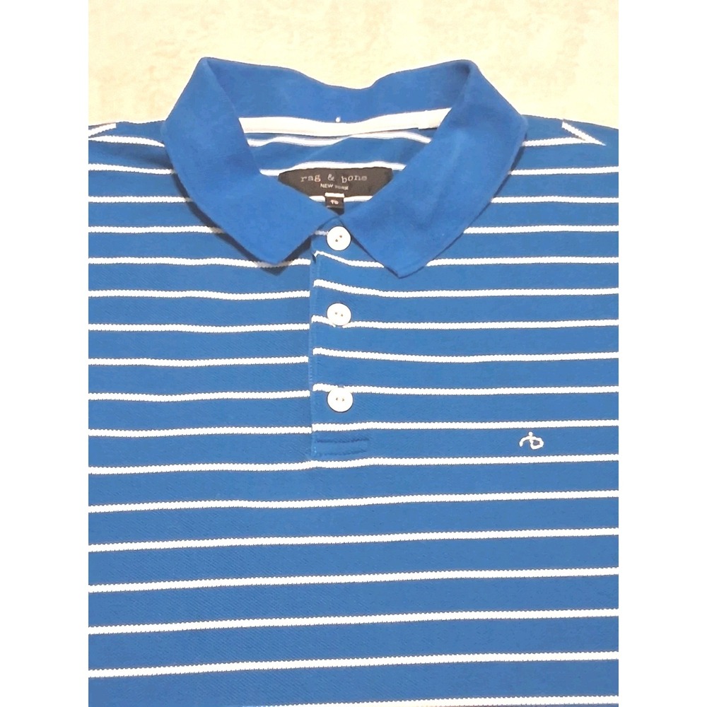 rag & bone Men's Blue White Striped Short Sleeve Collared Logo Polo Shirt - XL
